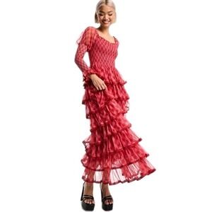 Amy Jane London Luna Maxi Dress M Red Pink Plaid Mesh Tiered Cottagecore Long